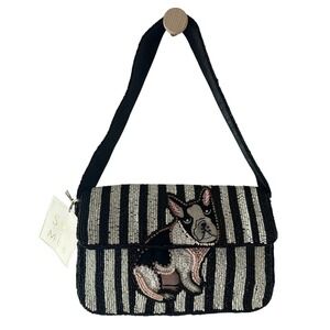 Sol Mer French Bulldog Beaded Shoulder Bag Black White Striped Frenchie Purse